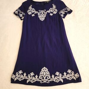 Lulus Womens Short Sleeve Navy Blue Embroidered A Line Dress Size XS